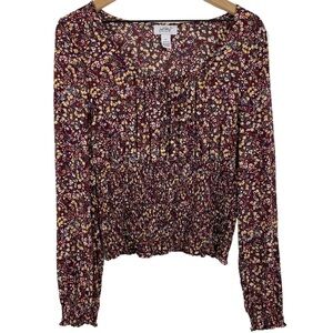 Just Polly Juniors Crop Top Size XL Purple Floral Print Smocked Long Sleeve